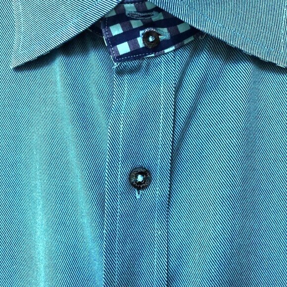 Robert Graham Solid Teal Blue Button Down Shirt Men's L Flip Cuff Check Paisley - Picture 4 of 9